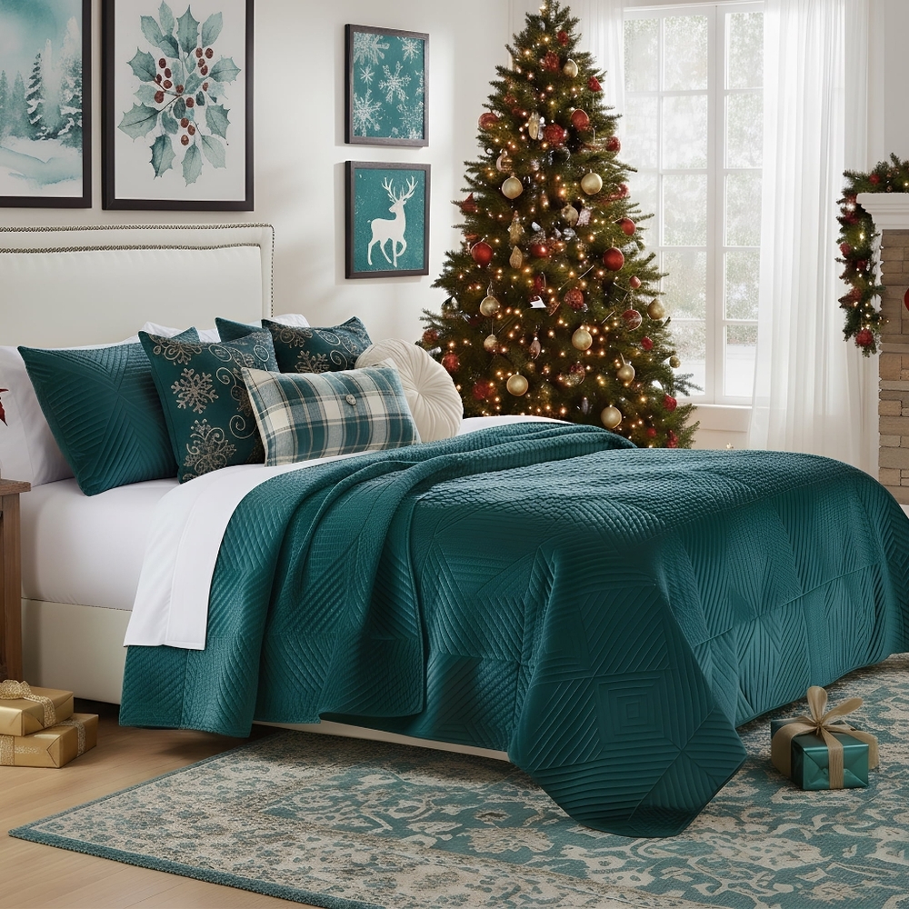 Barefoot Bungalow Riviera Velvet Modern Quilt Set, Teal, King - Reversible - Picture 2 of 10